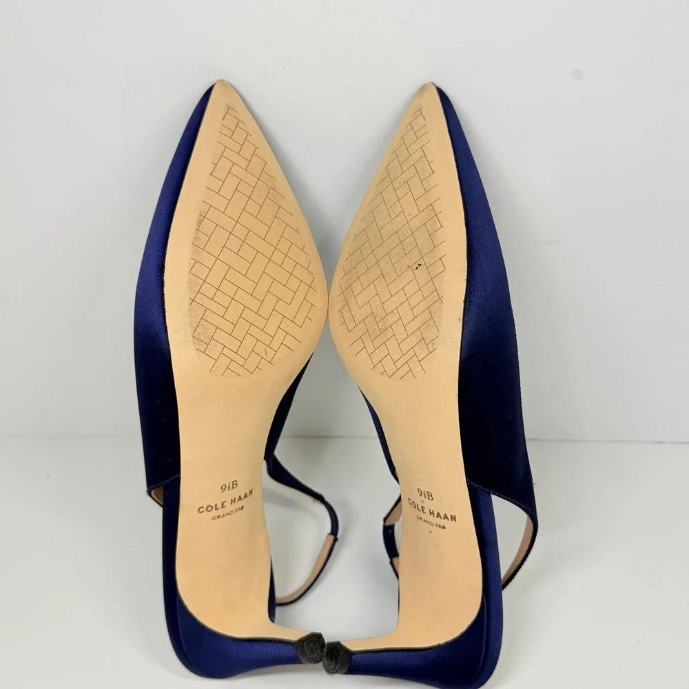 Cole Haan Vandam Sling 65 Navy Satin Pointed Toe Kitten Heeled Pumps Sz 9.5 - Picture 6 of 11